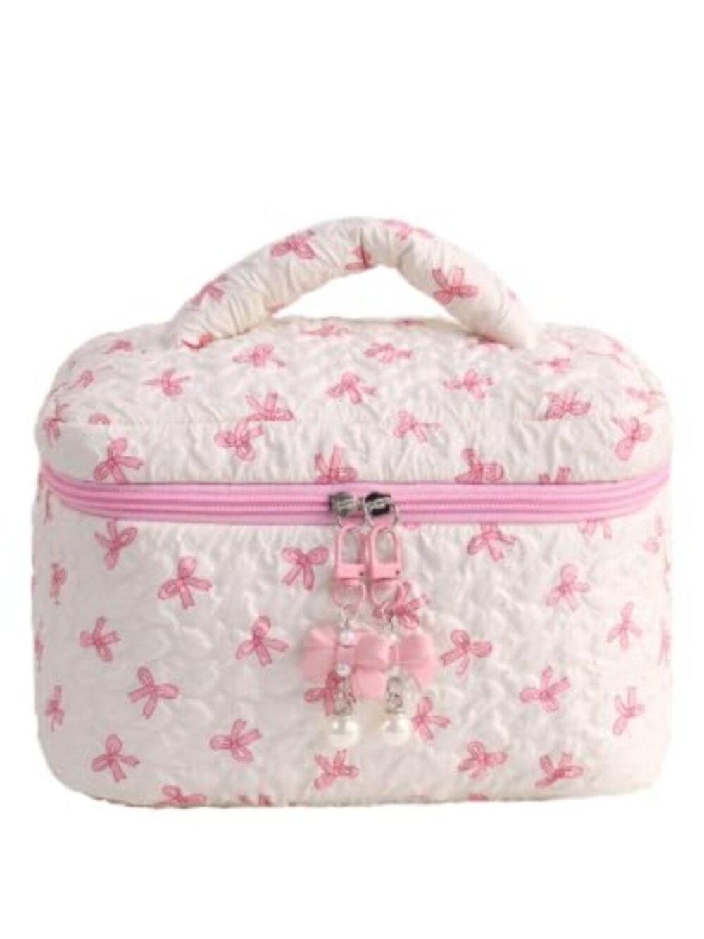 Quilted Bow Print Makeup Bag with Pearl Zipper Charm Large Cosmetic Case